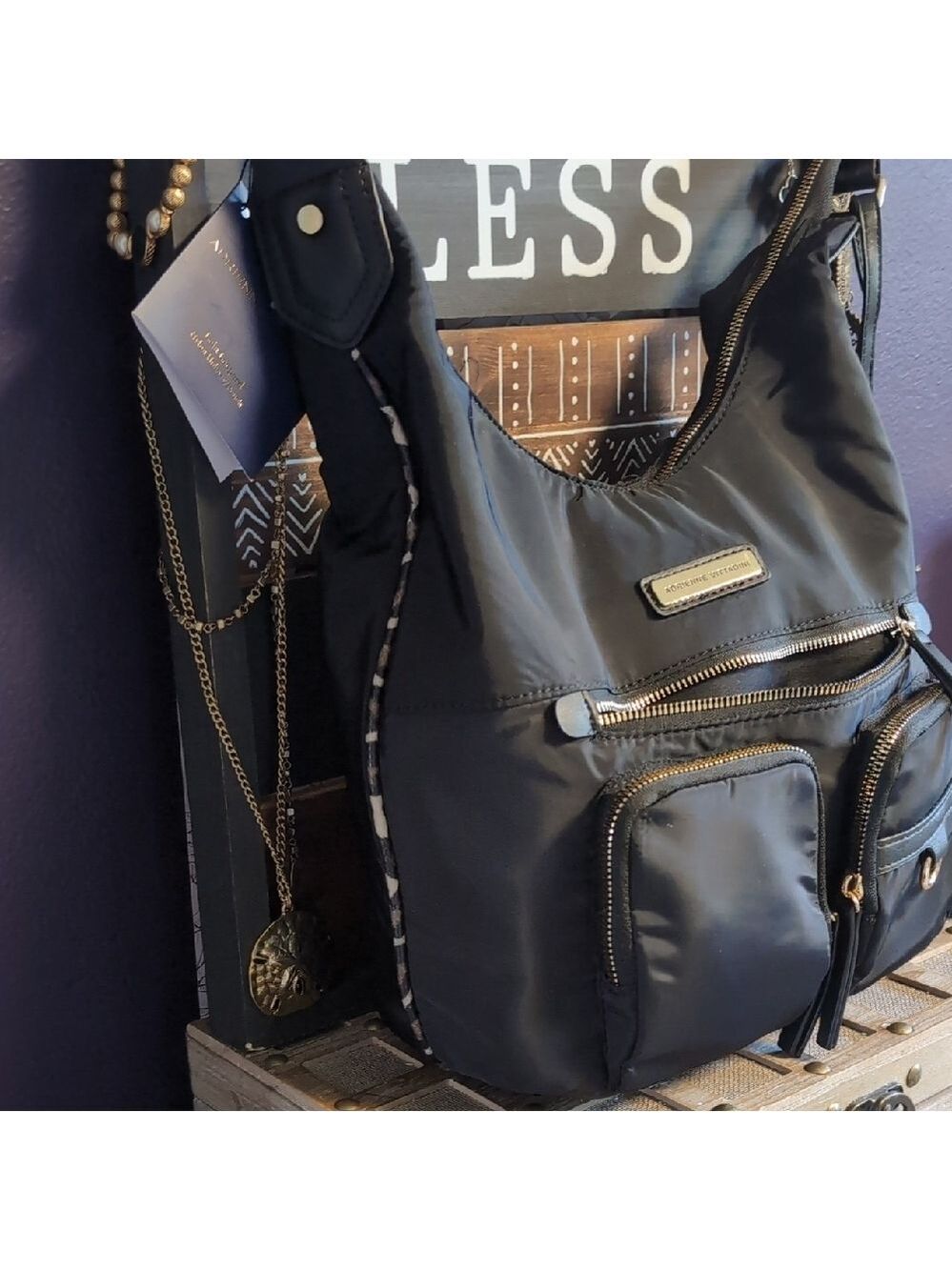 Adrienne Vittadini Black Multi-Pocket Hobo Bag W / Zippered Bag Charm - Picture 4 of 9
